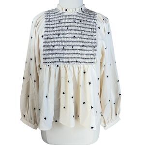 SHEIN Smocked Hearts Blouse Balloon Sleeve Ruffle Neck Large